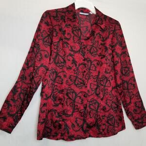 Croft & Barrow Women's Red & Black Floral Button Down Long Sleeve Shirt Size L